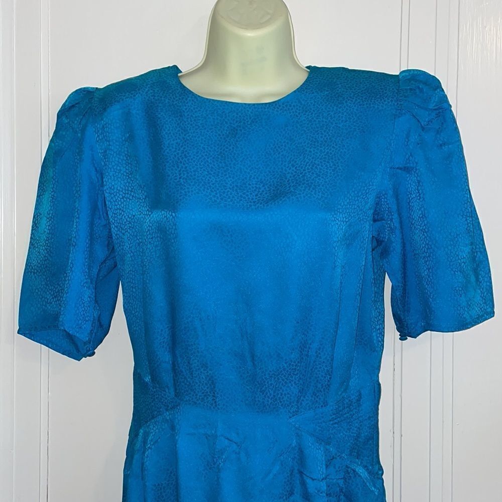 Vintage 80s Argenti turquoise blue silk dress - Picture 2 of 9